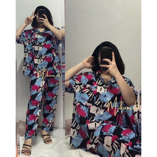 (COD) One set Piyama Abstrak Jumbo fit to Ld120cm | one set piyama rayon jumbo | one set pajamas Jumbo-AMORA LD120cm