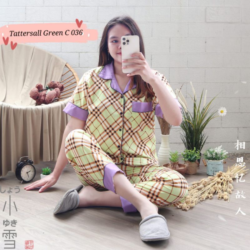 Baju Tidur Piyama Wanita Dewasa Piyama Baju Santai Motif Bunga-Abs green ungu