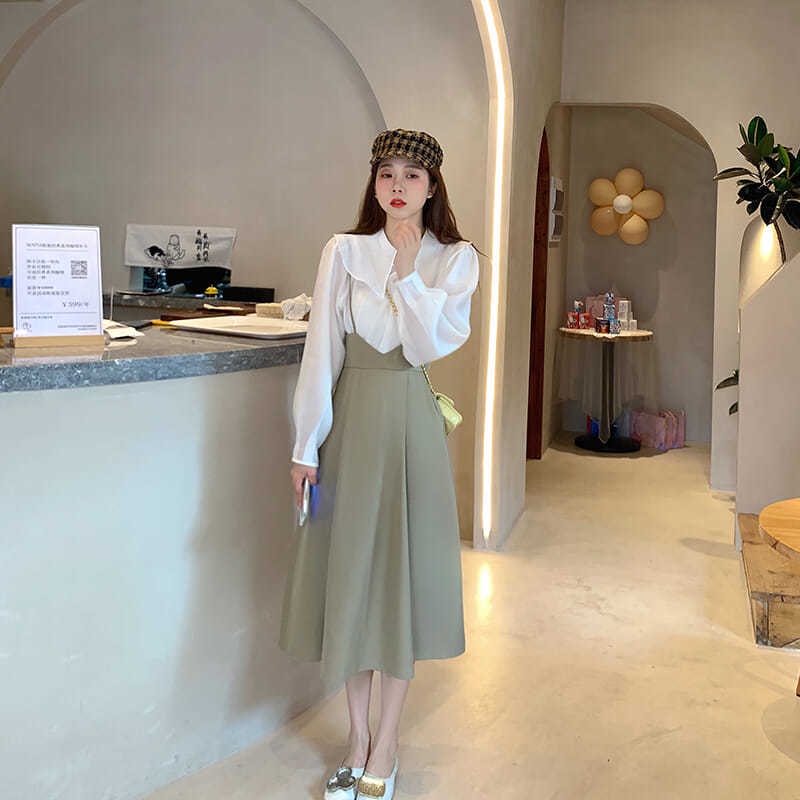Setelan Temperamen Gaya Baru Blus Retro Prancis Wanita + Rok Suspender Temperamen Awal Musim Gugur Setelan Fashion Dua Potong-4