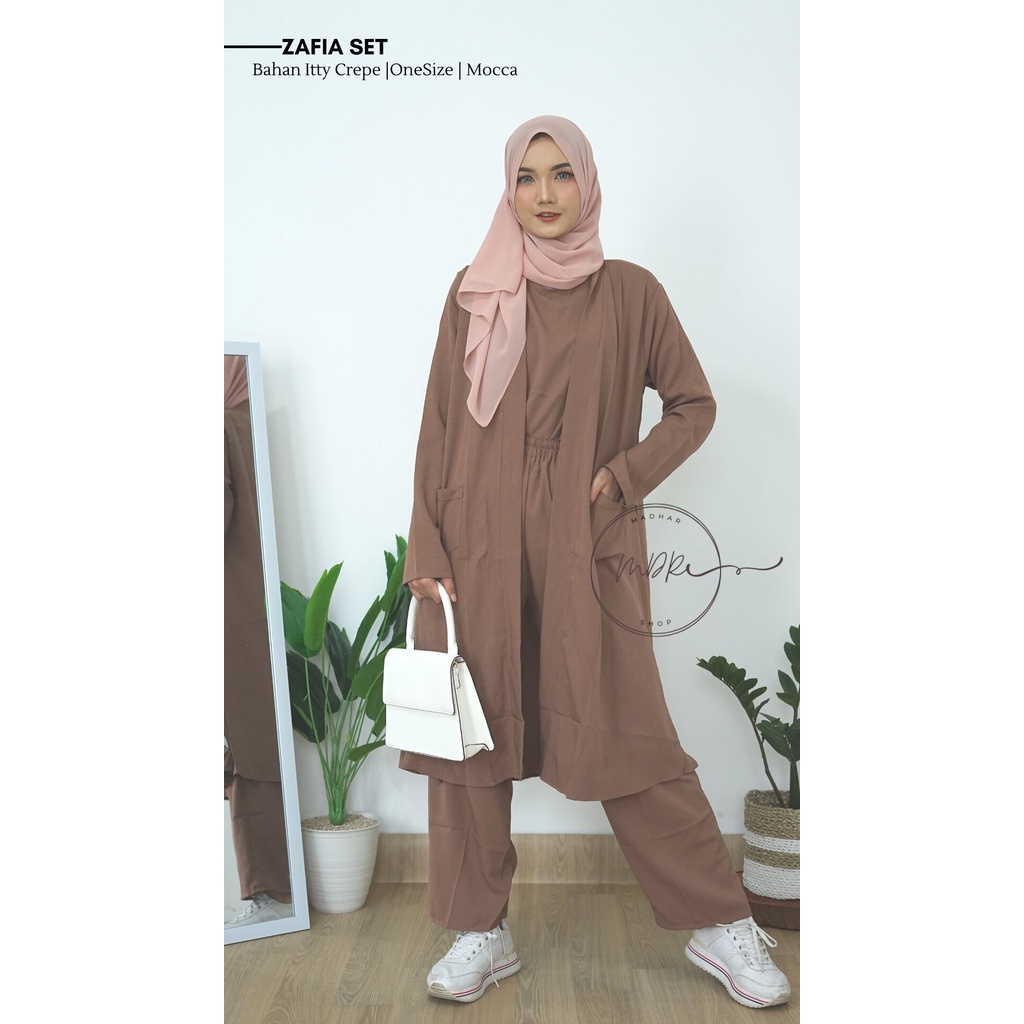 Zafia One Set 3 in 1 Setelan Cardigan + Celana Wanita Muslim Remaja Bahan Itty Crepe Premium Fit to XL / Stelan Long Cardi Motif Polos Kekinian 2022 Beraneka Warna