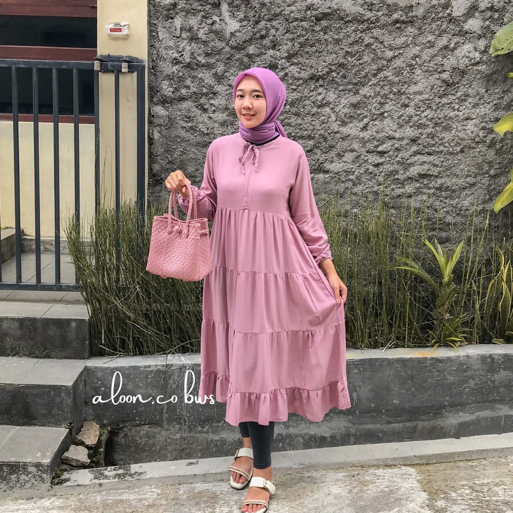 Tunik Midi Dress Rempel Susun Bahan Rayon Premium - Midi Dress Polos Wanita Terbaru