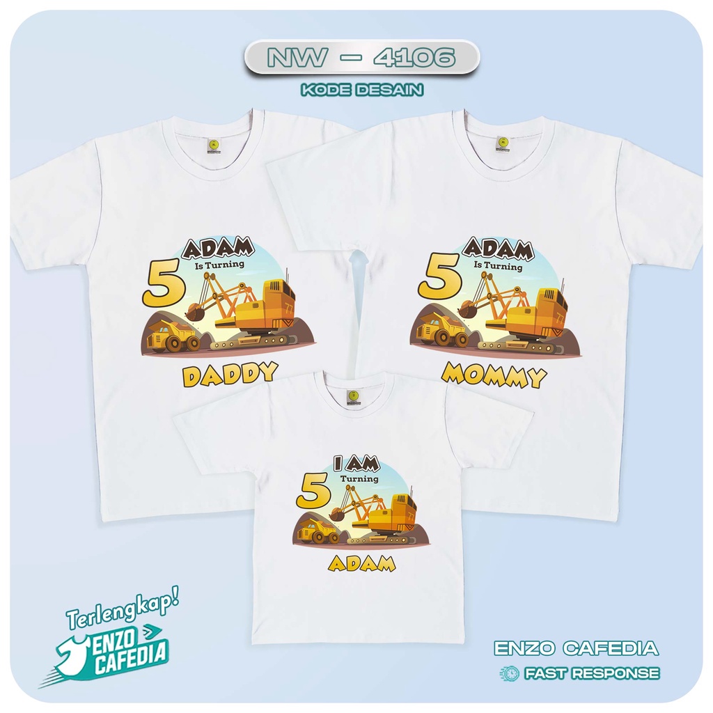 Baju Couple Keluarga | Kaos Family Ulang Tahun | Kaos Tema Excavator NW 4106 | Gratis Custom | Kaos 