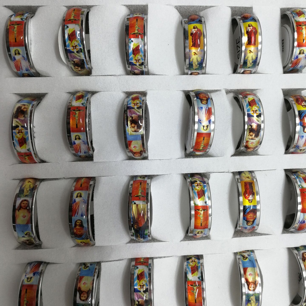 Hu Hu Hu Hu Hu Alat Bantu Pasang Kacamata♡ Cincin Bahan Stainless Steel Desain Lukisan Cat Minyak Yesus Untuk Priawanita