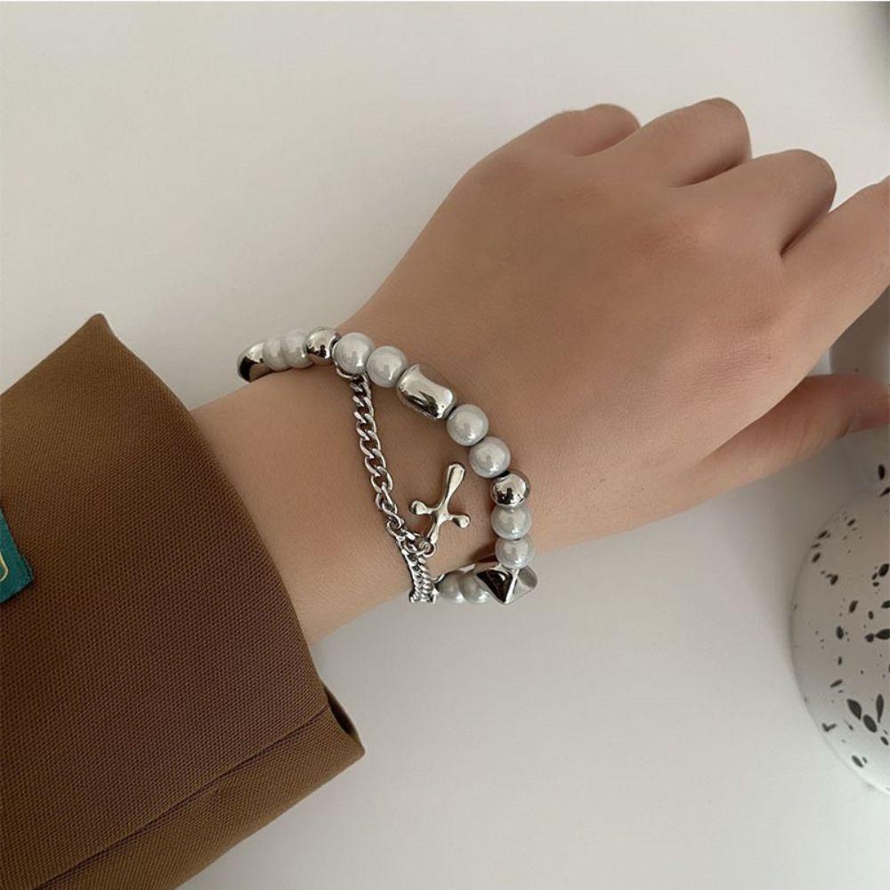 MXBEAUTY Pria Wanita Gelang Baja Titanium Vintage Desain Rasa Liontin Salib Double Layer Perhiasan Pesta