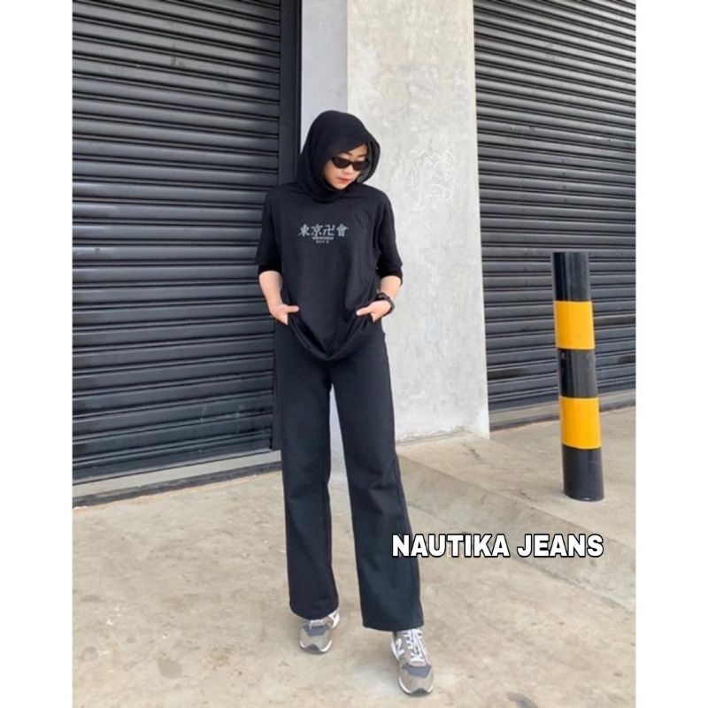 Celana kulot highwaist jeans wanita loose black