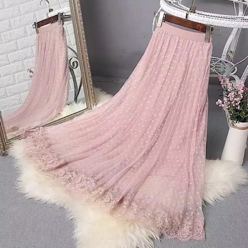 Rok Wanita Plisket Lilac Premium 100% Real Pict Import Rok Panjang Wanita Tutu Doti Polkadot Dewasa 