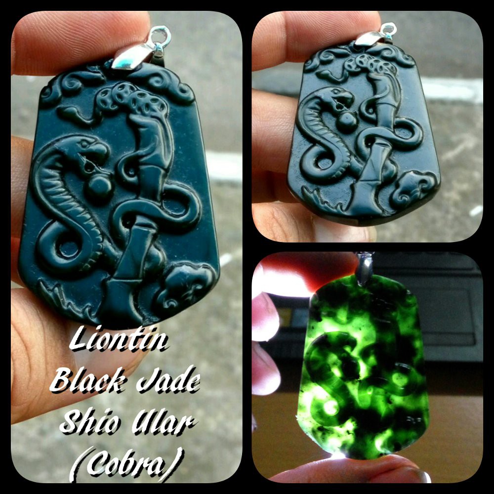 BLACK JADE NATURAL CURVING LIONTIN SHIO ULAR - COBRA - KRISTAL TEMBUS