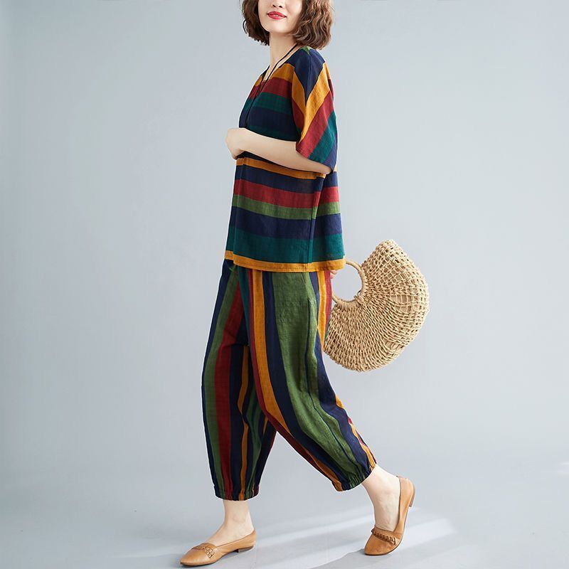 Stok bersih!L-5XL Setelan Wanita One Set Baju Kaos Dan Celana Longgar Bergaris Rainbow Blus Lengan Pendek + Celana Stelan Kasual