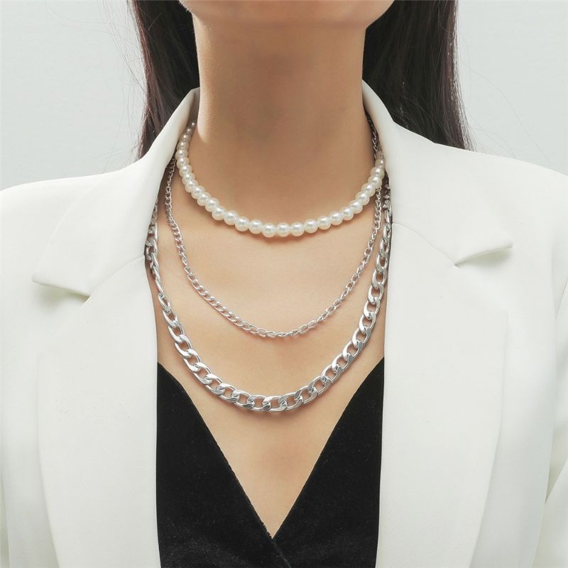 Kalung Rantai Korea Triple Layer Susun Mutiara Korean Pearl Multilayer Necklace Kalung Susun Tumpuk