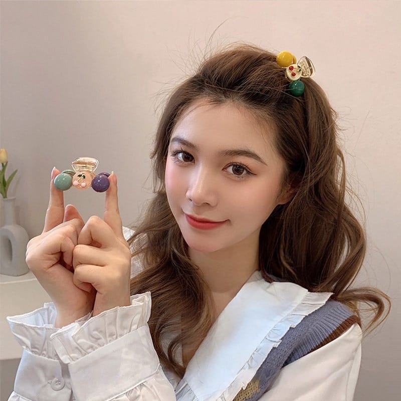 PREMIUM Jepit Rambut Korea bentuk Bolo motif Cherry dan Boneka Kurcaci Badut - Gnome Korean Hair Clip Claw - Korean Style