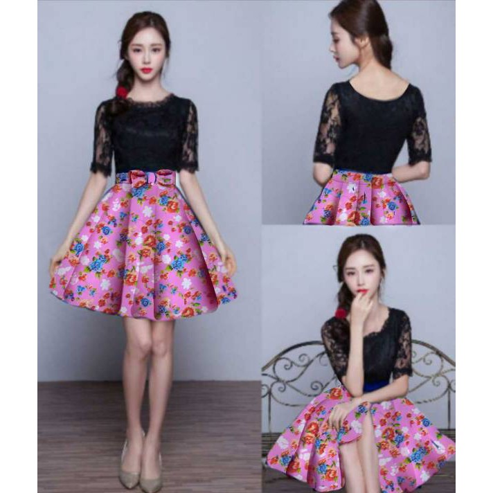 Dress Black Lace Flower Pink Katun Violine Casual