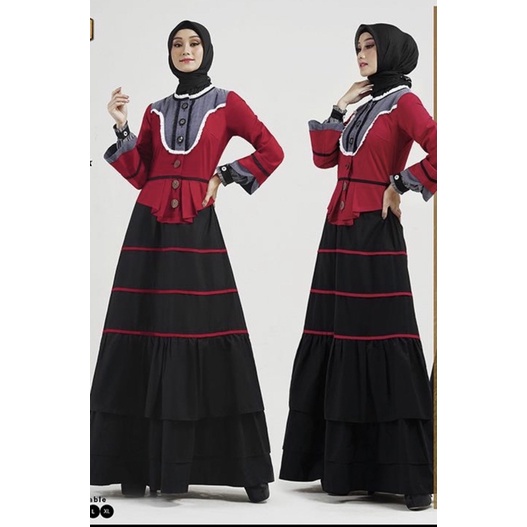 Almari Tuneeca Ekslusif ATE-0120001 , Dress Maron mix Hitam Elegant, Busana Muslim Ekslusif,dress Mo