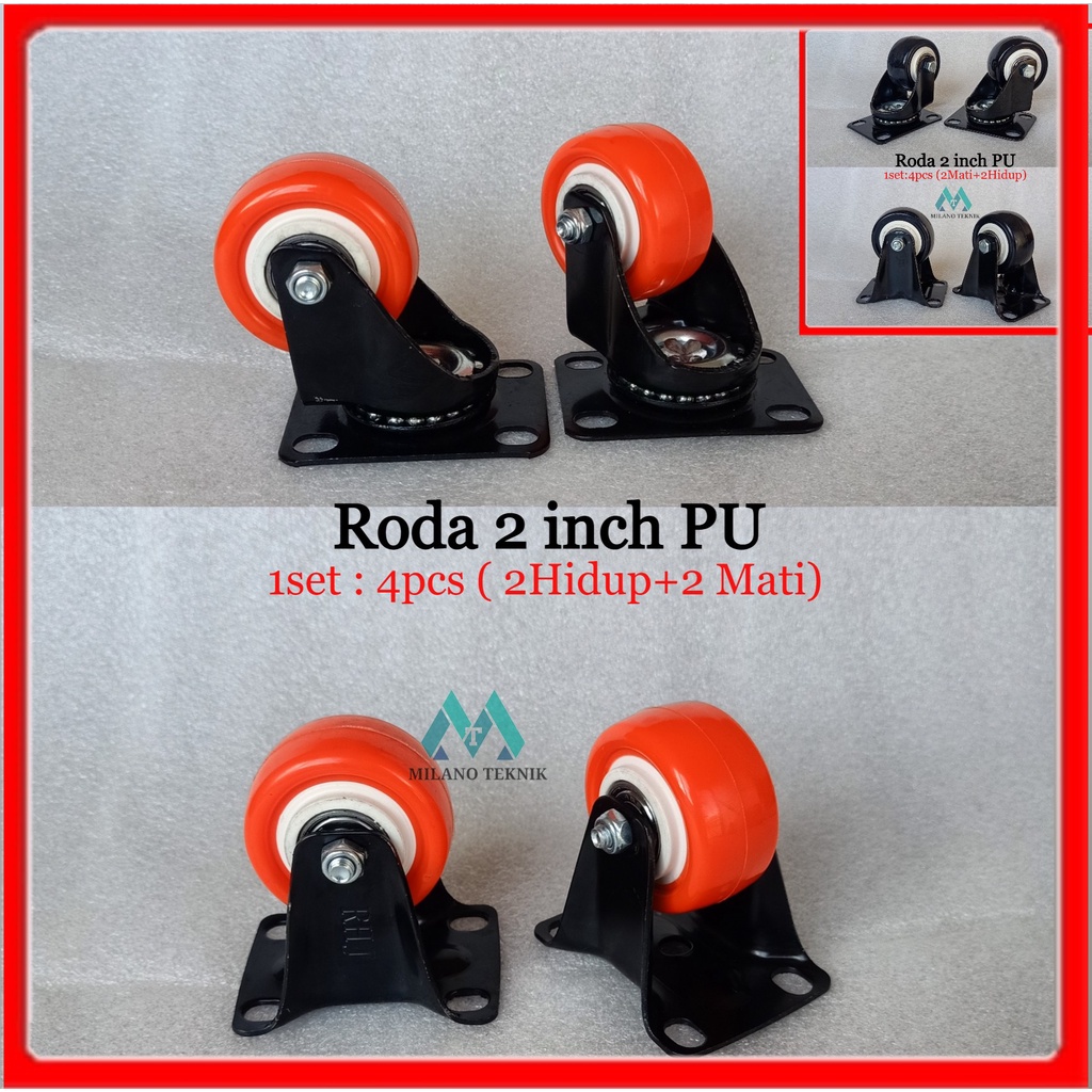 Roda 2 inch PU+Bearing 1set:4pcs(2M+2H) caster Troli Rubber Karet 2&quot;