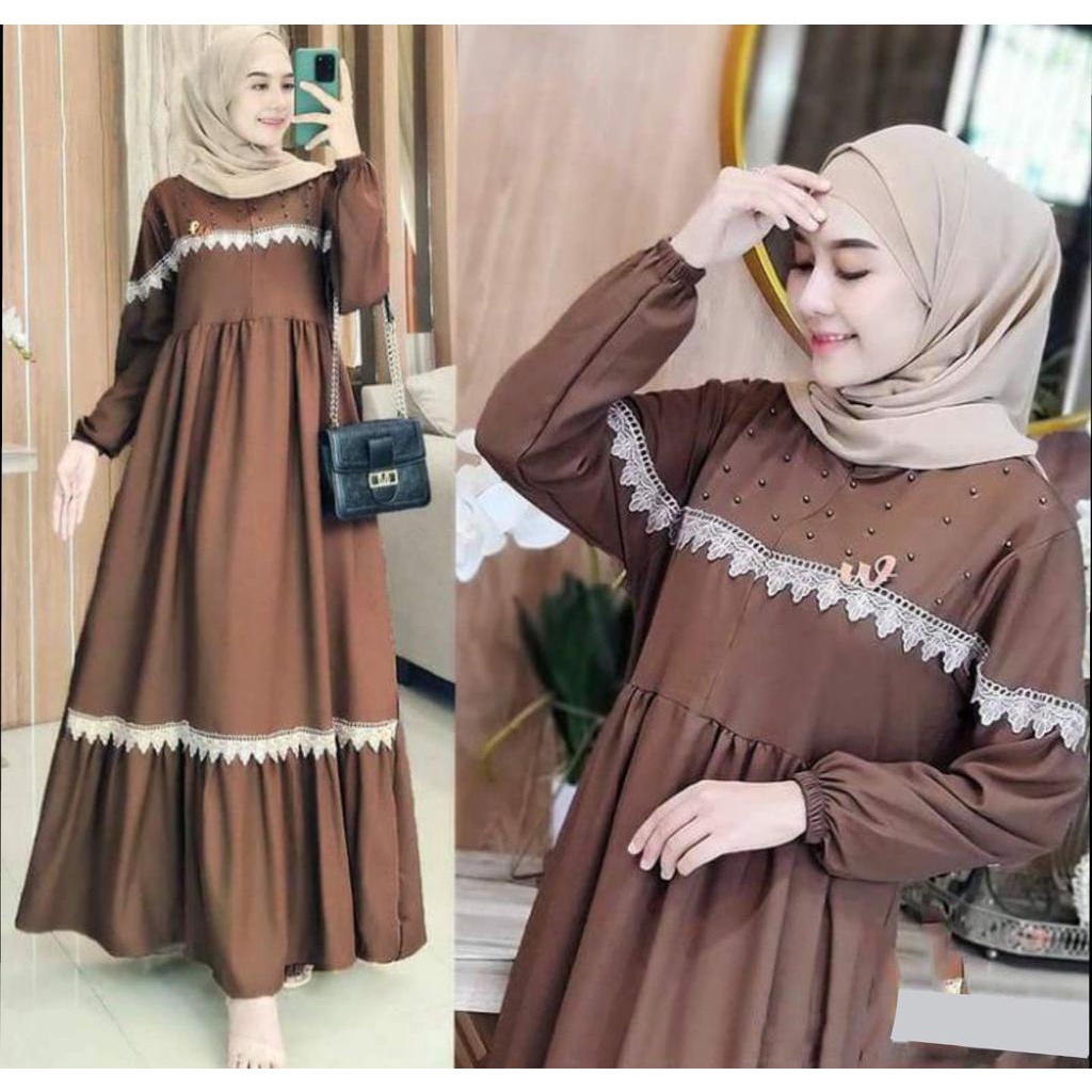 baju gamis wanita terbaru best seller 2022 sandrina dress mix mutiara dan renda turky
