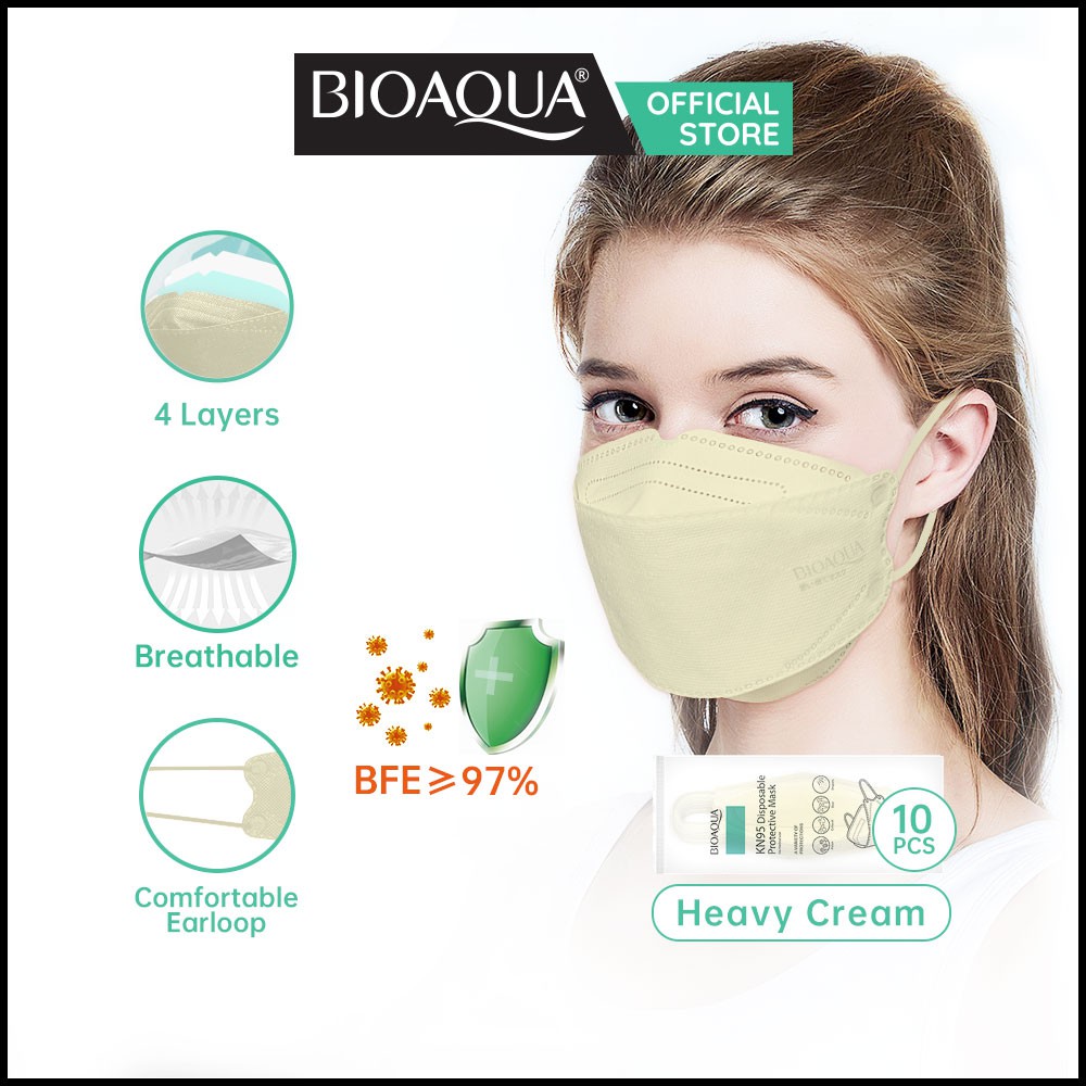 BIOAQUA Disposable Masker Wajah kf94 Evo Kesehatan Earloop mask 4Ply 10Pcs Heavy Cream
