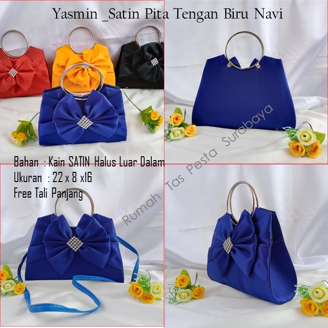 Tas Home Made ,Tas Pesta,Tas Kecil,Yasmin _Satin Pita Tengan Biru Navy