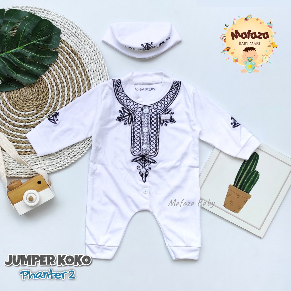 MAFAZABABY Set Jumper Romper Koko Bayi Baju Muslim Anak Bayi Laki-laki Newborn Koko Aqiqah(0-6bulan)-Motif 3 Putih