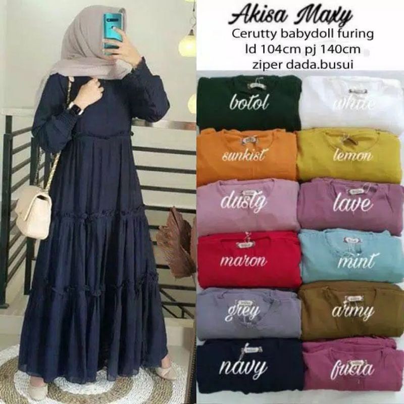 Baju Gamis Akisa Maxy Dress Bahan Ceruty Baby Doll Full + Lapis Dalam Puring Hyget Super