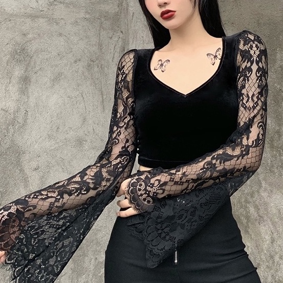 [Goth Story] Sexy Lace Long Sleeve Vneck Velvet  T-shirt Atasan Renda Lengan Panjang 8469 (S/M/L)