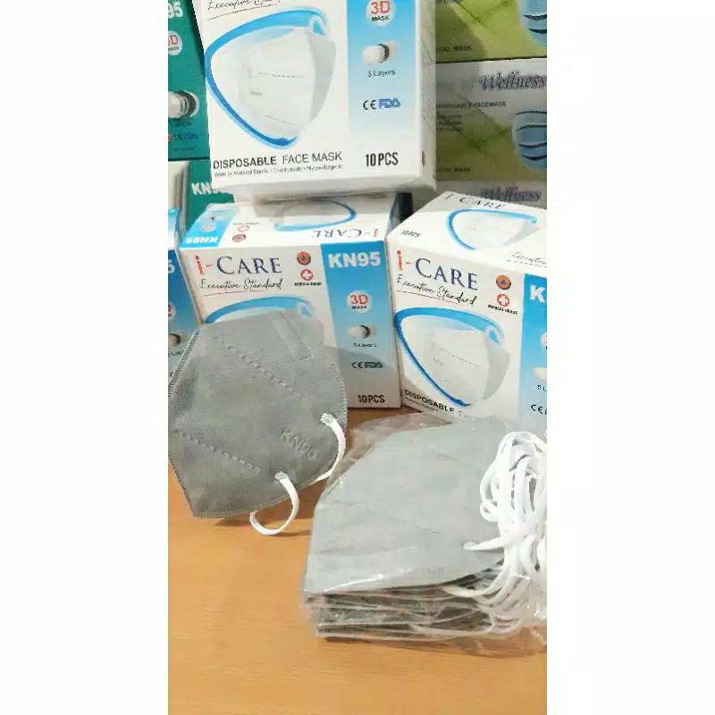 Masker I Care/chasa KN95 Warna Abu abu 1 box / 10 pcs earloop/5 lapis