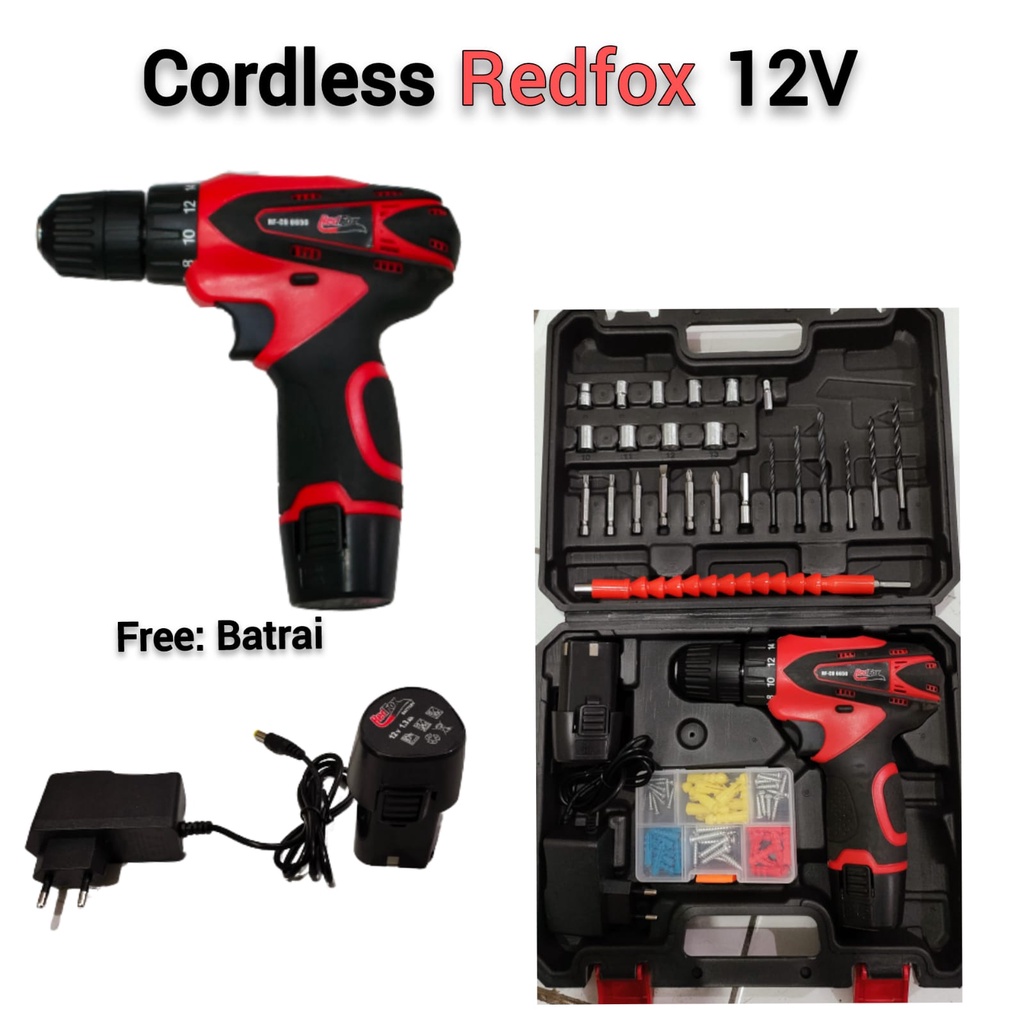 BISA COD!!! Mesin Bor Baterai Tangan Cordless Drill Battery 12V REDFOX Mesin bor SET tanpa kabel baterai cordless 12 V