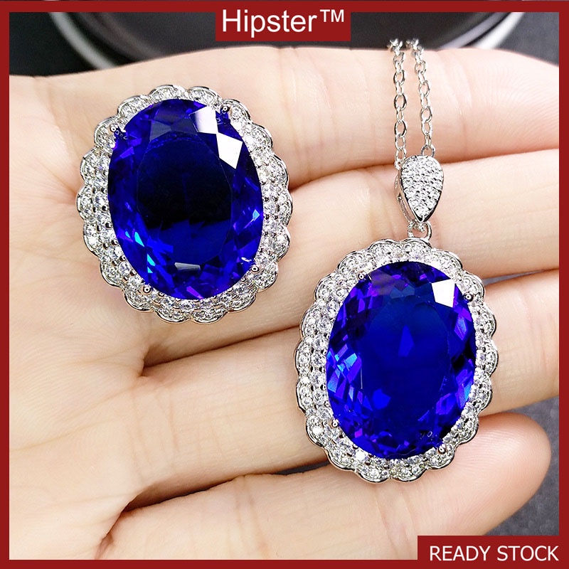 New Affordable Luxury Fashion Natural Blue Crystal Rings Pendants Suit