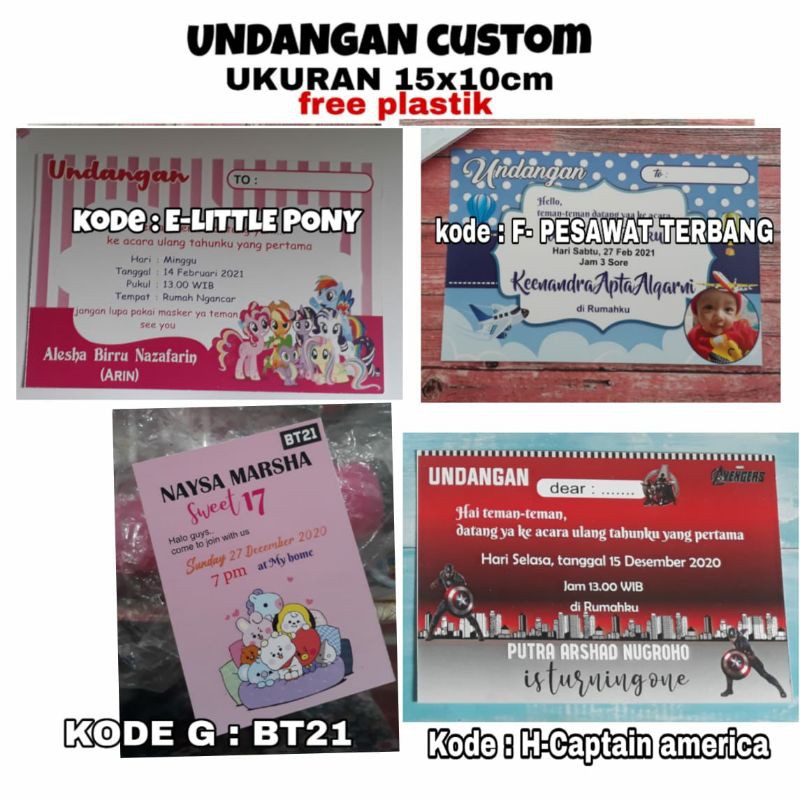 undangan custom ultah anak / undangan pony / avenger / bt21