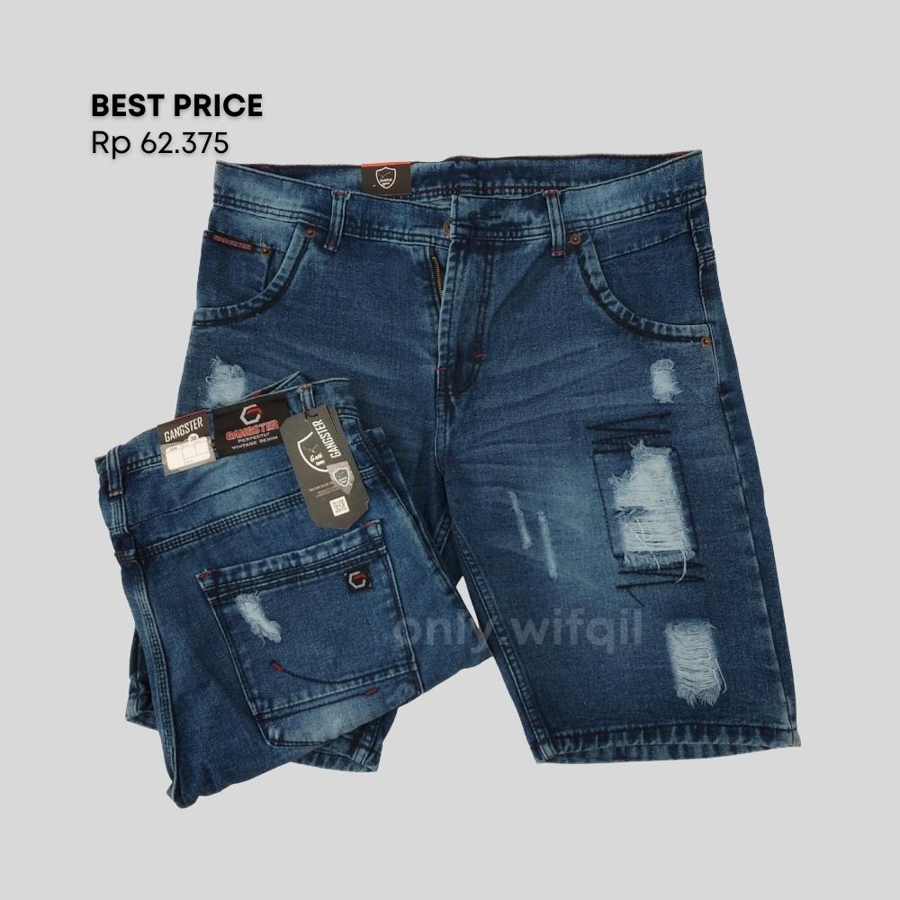 [BIRU GELAP] CELANA JEANS PENDEK PRIA SOBEK - RIPPED JEANS GANGSTER