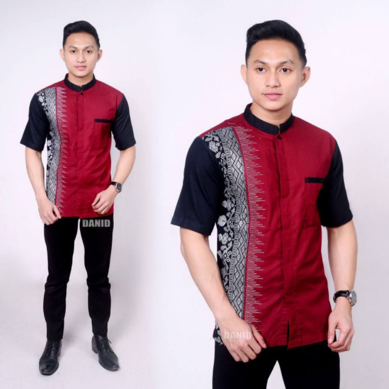 Baju Koko Dewasa Lengan Pendek Kombinasi Batik Pria