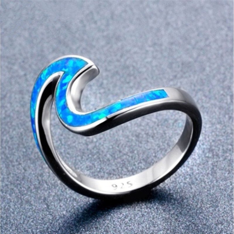 925 Sterling Silver Wave Design Ocean Blue Fire White Stone Personality Charm Ring Size 5-12