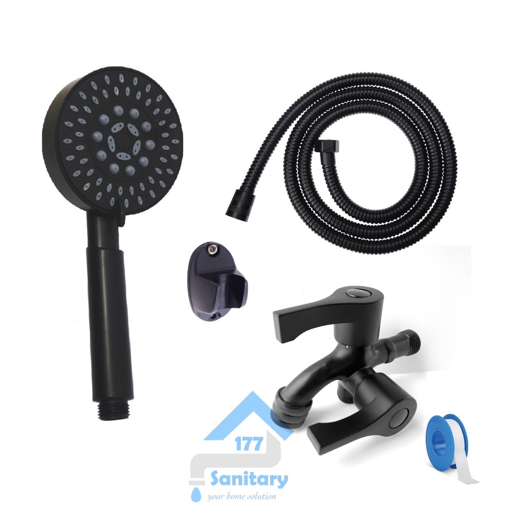 Paket bundling Hand shower 5in1 HITAM 19004BL-kran cabang- Handshower semprotan sower mandi set black dan kran air cabang hitam minimalis