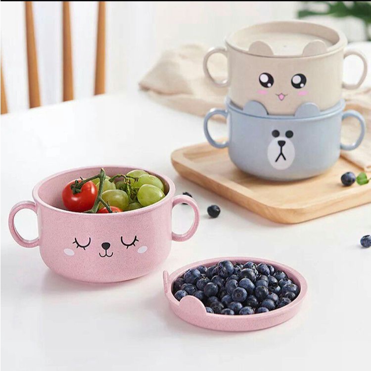 Mangkok Makan Anak Karakter + Tutup / Jerami Soup Bowl Cartoon BPA Free / Mangkuk Gelas Sup Cup TEBAL BPA FREE