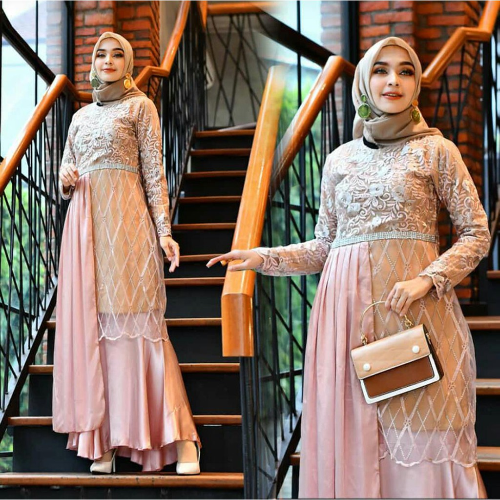 PROMO LONG DRES TULLE COMBI / LONG DRESS TULLE MUTIARA BORDIR / GAMIS PESTA