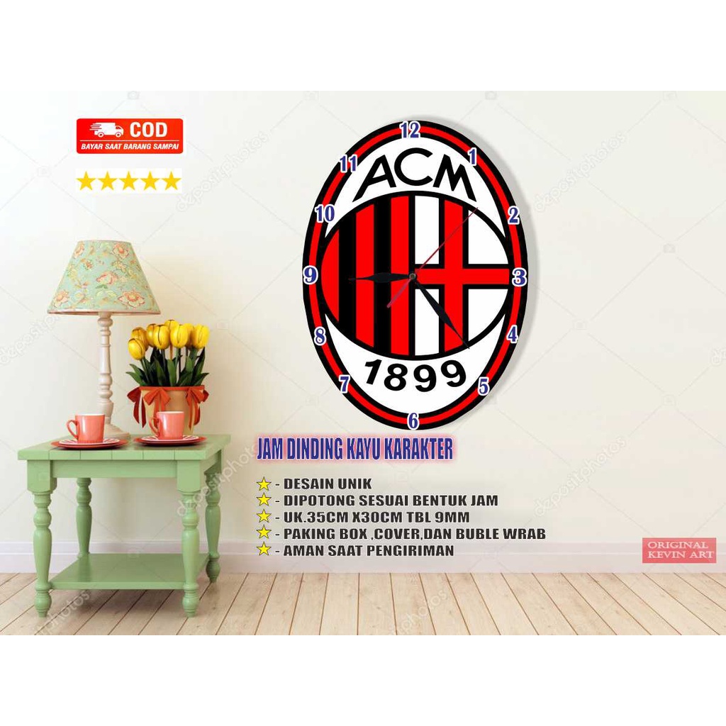 JAM DINDING KAYU UNIK KARAKTER GAMBAR MOTIF ACMILAN VINTAGE MURAH