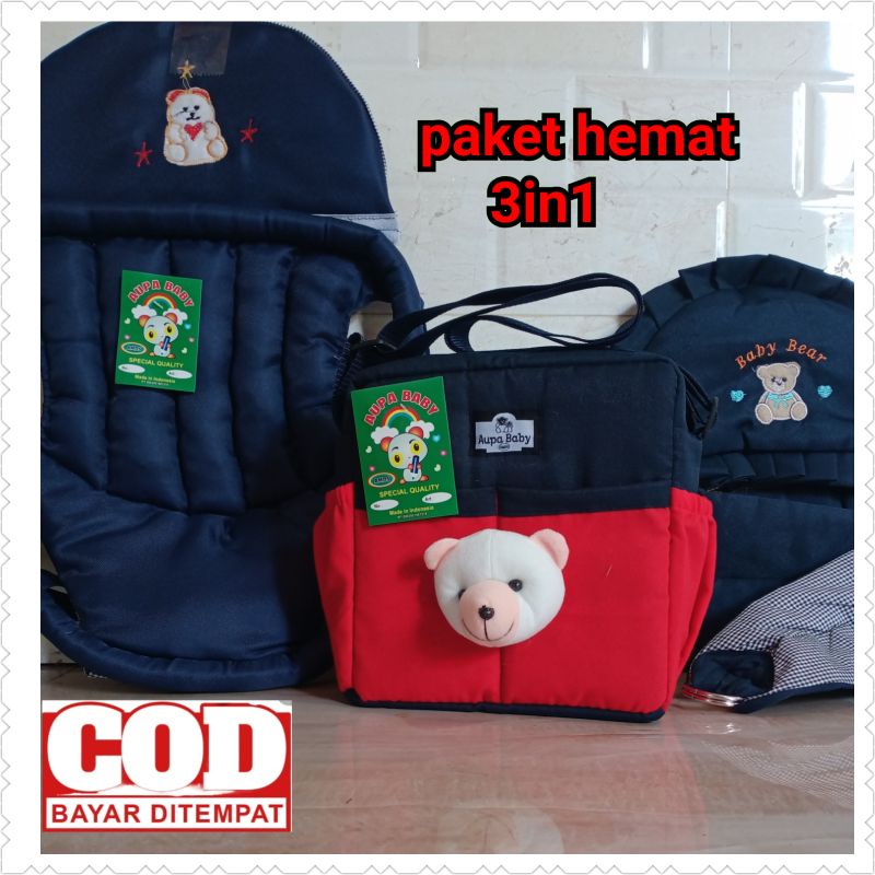 Paket Hemat 3in1 Gendongan bayi depan bordir Tas Bayi Beruang dan Gendongan bayi Samping bordir