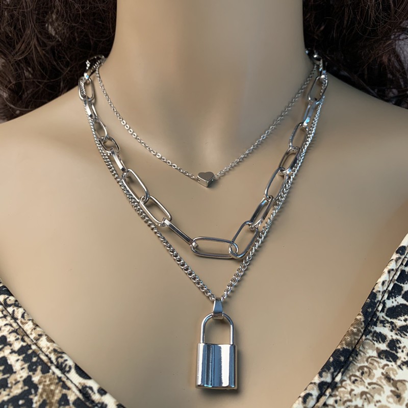 CH-12 set 3 pcs kalung choker wanita rantai gembok love gothic punk korea jepang kpop