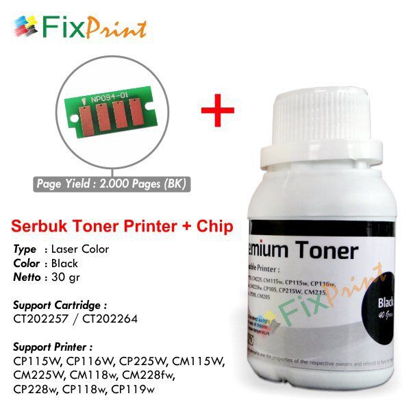 Serbuk + Chip Fuji Xerox CP115 CP115 CP118 Cp119 CP228 CP225 Black