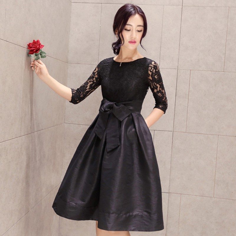 Dress Midi Korea O-Neck Lengan 3 / 4 Aksen Renda Warna Polos untuk Wanita