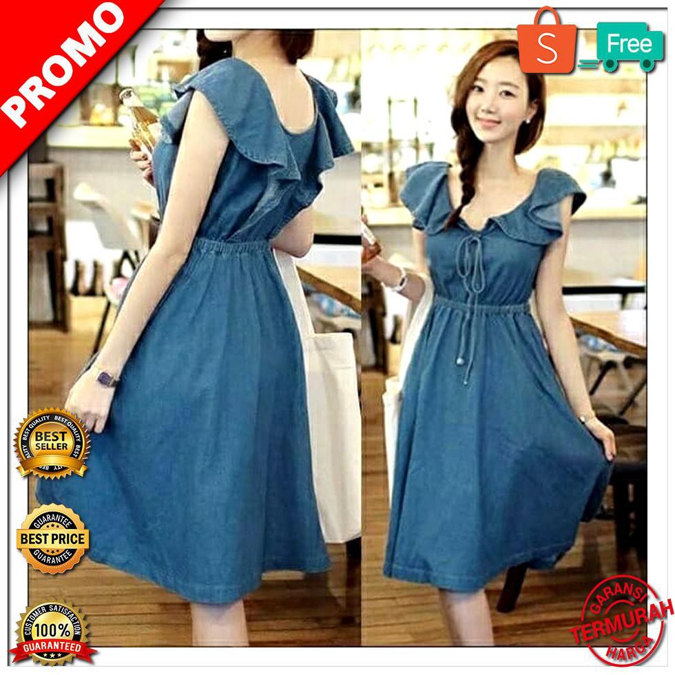 DISKON Dress Denim Aqua Pakaian Wanita Mini Dress Terbaru LIMITED EDITION