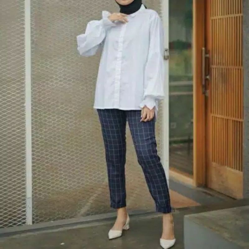 Celana tartan motif kotak kotak  bahan gabardin / celana wanita kotak kotak  /BUGGY  PANTS / CELANA