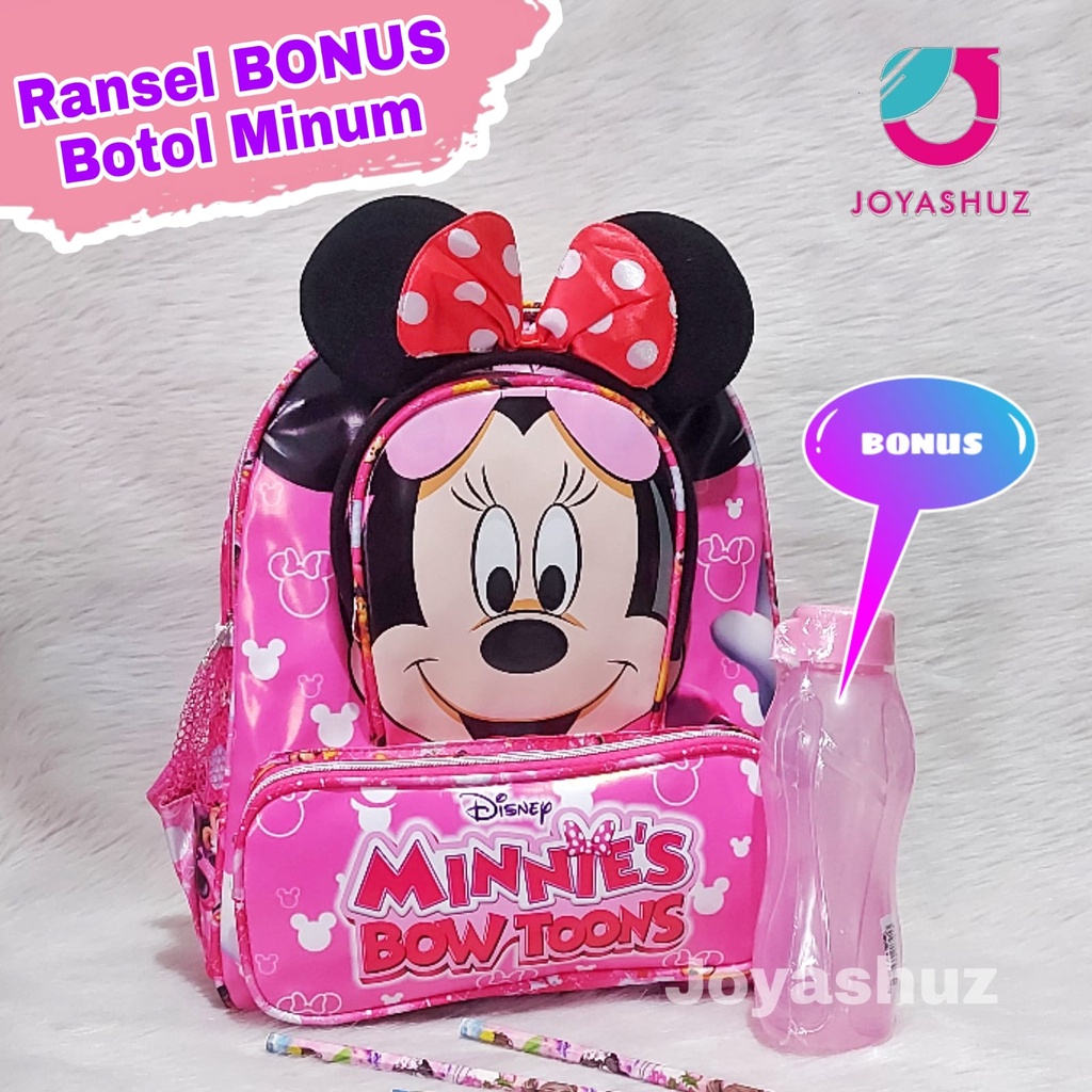 Joyashuz - Tas Sekolah Anak Perempuan Gratis Botol Minum - Ransel Anak minnie - Tas Sekolah Gratis Bando - Tas Minnie bowtoons - Ransel Cantik - Gratis Bando