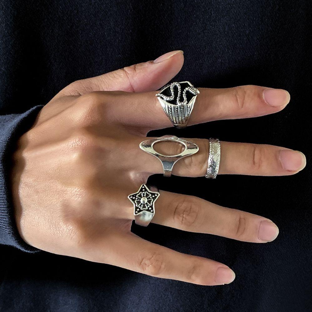 5pcs / 4pcs Cincin Model Terbuka Bentuk Ular Geometris Bahan Logam Warna Silver Gaya Retro Punk Untuk Pria