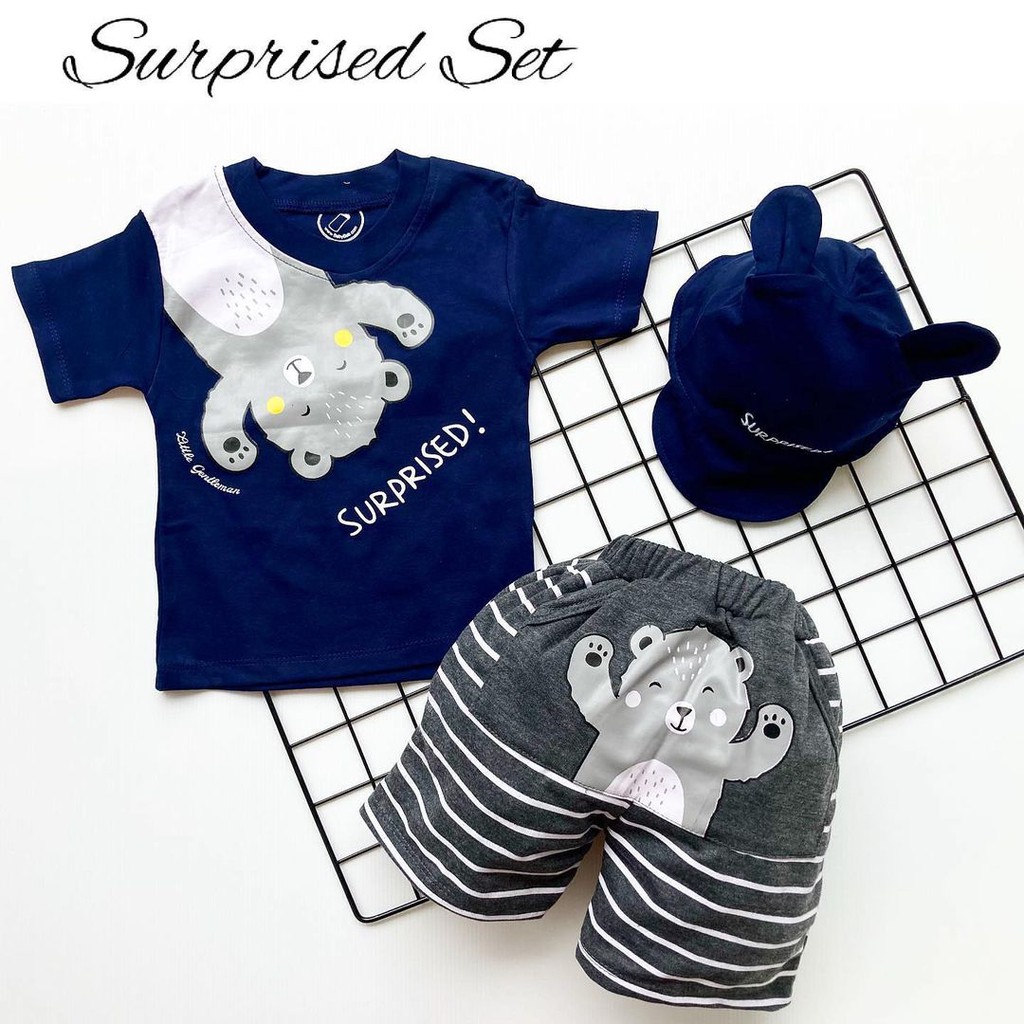 SURPRISED Baju Setelan Kaos Celana Pergi Jalan Lucu Fashion Anak Bayi Cowok Laki Murah Terlaris Lucu  / HI LONDON / LIL EXPLORER / DOUBLE DEKKER / WHALEY CUTE dance monkey leonardo happy koala bruno cubby