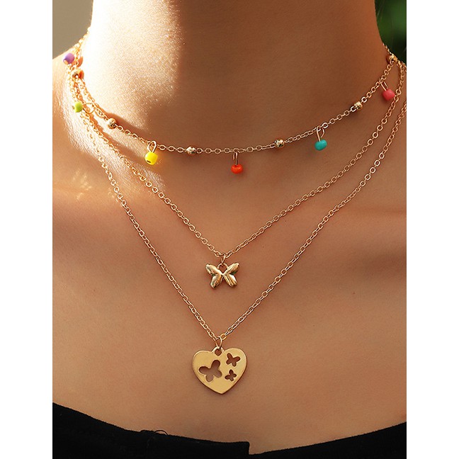 LRC Kalung Fashion Gold Color Love Butterfly Rice Bead Alloy Multilayer Necklace K98631
