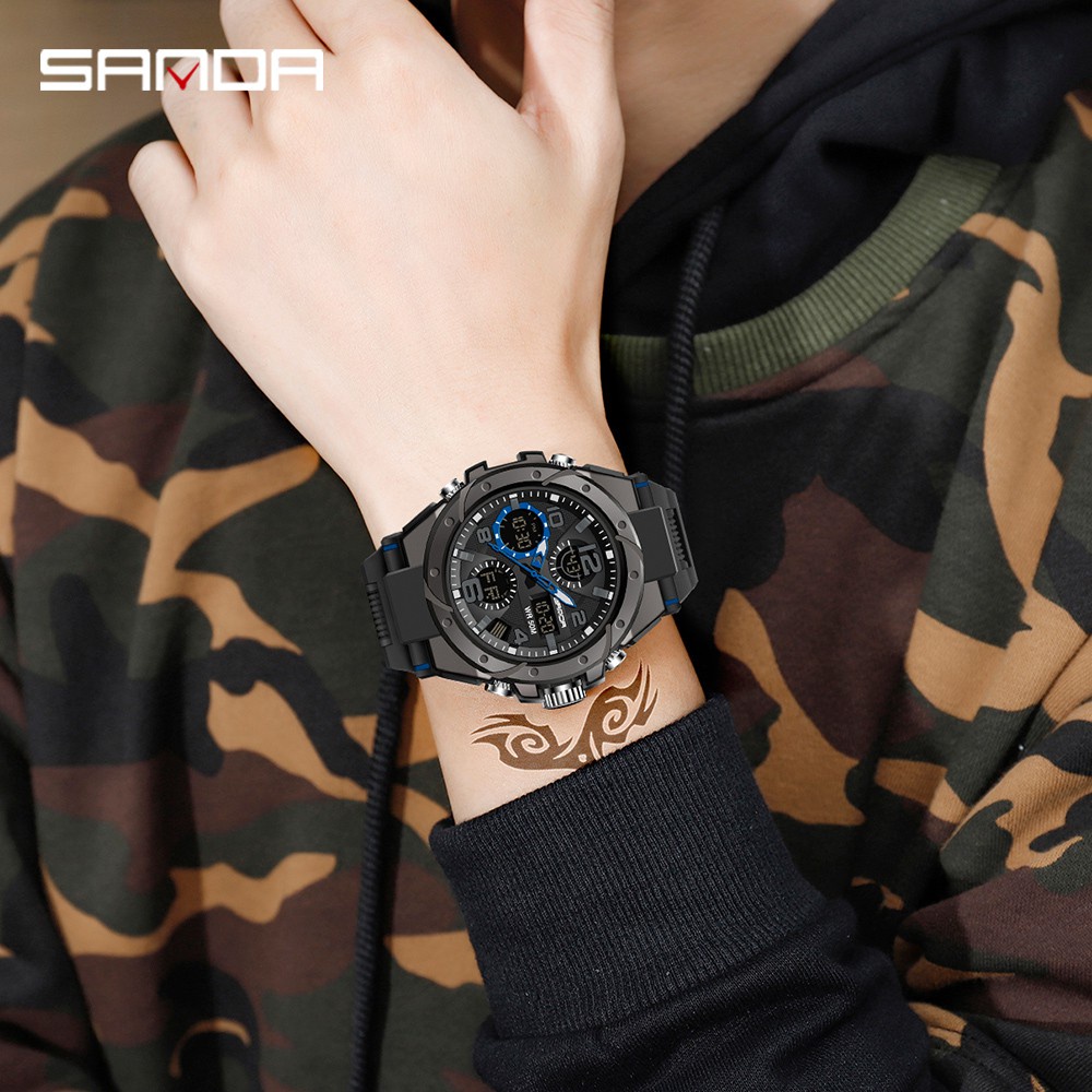 【COD】Jam Tangan Pria SANDA 739 Tahan Air Multifungsi Mewah Militer Olahraga Tangan Water Resistant Jam  Digital Analog Tali Rubber Chronograph 50M/ Free Baterai