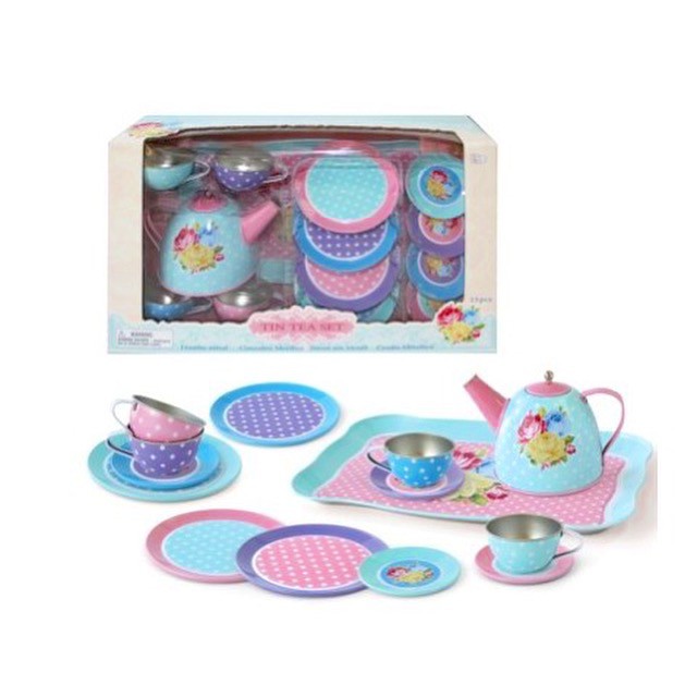 Tin Tea Set TEASET Mainan Anak Bahan Kaleng Warna Pink / Biru Bunga Floral Teko Cangkir Nampan