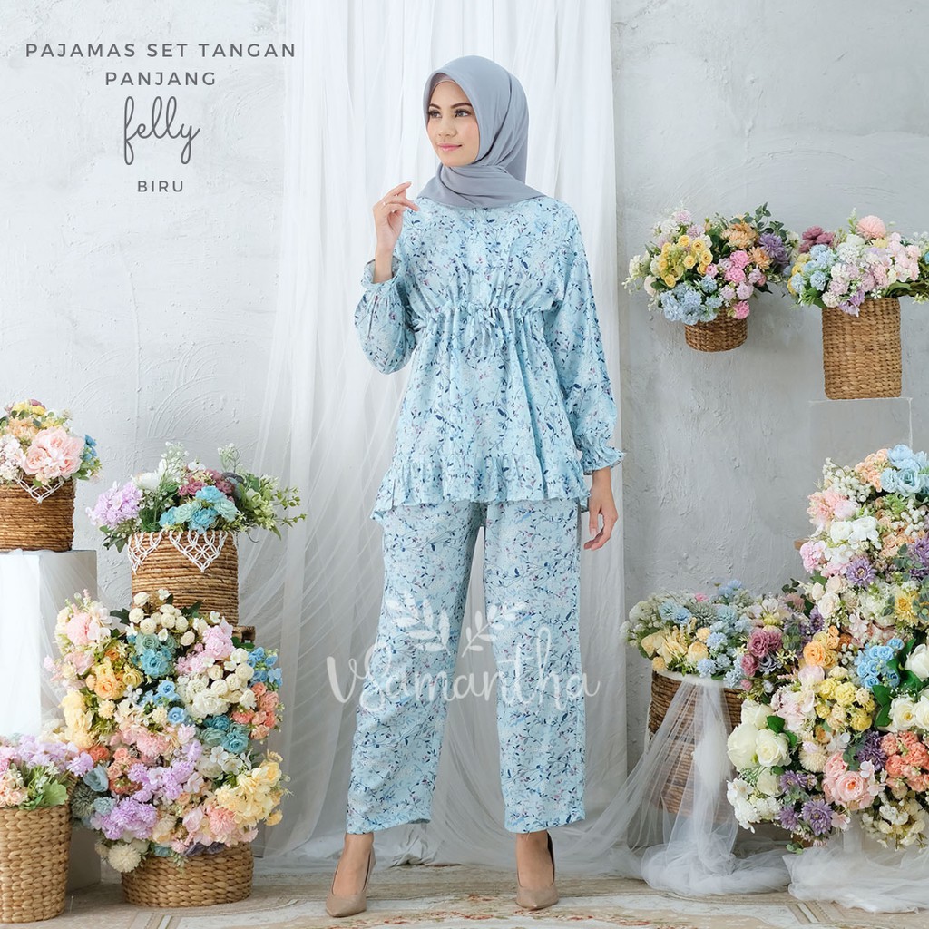 vSamantha - Pajamas Set / Piyama Set Muslim Rayon Rempel Busui Friendly - Tangan Panjang-Felly Biru