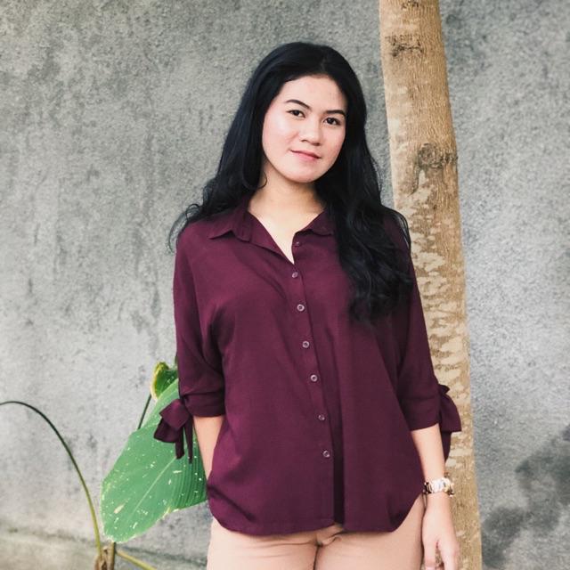 CINDY OVERSIZED SHIRT | kemeja wanita oversize lengan pendek bahan rayon-Burgundy