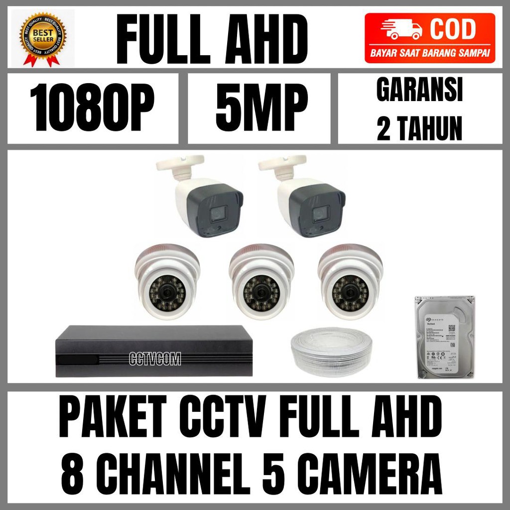 PAKET CCTV  FULL AHD 8 CHANNEL 5 KAMERA 5MP 1080P IC SONY 1080P KOMPLIT TINGGAL PASANG