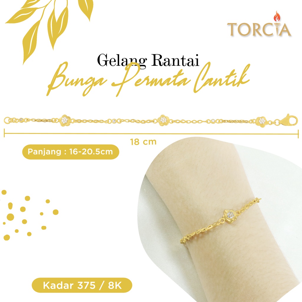 Gelang Rantai Emas Asli Bunga Permata Cantik Kadar 375 Torcia